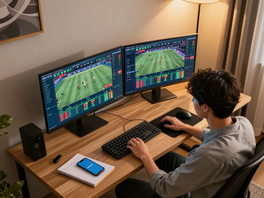 Bettor enjoying the excitement of live sports betting on hi88 com, using multiple screens for wagering strategies.