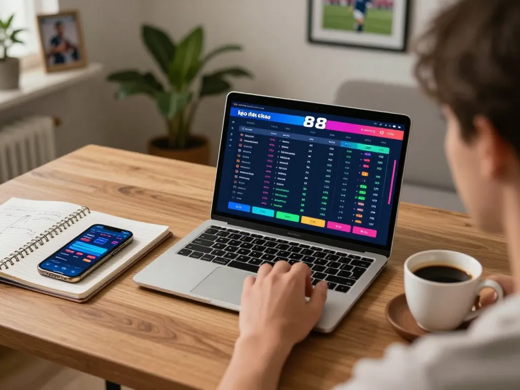 Engaging online sports betting moment displaying kèo nhà cái 88 on a laptop, showcasing betting odds and strategies.