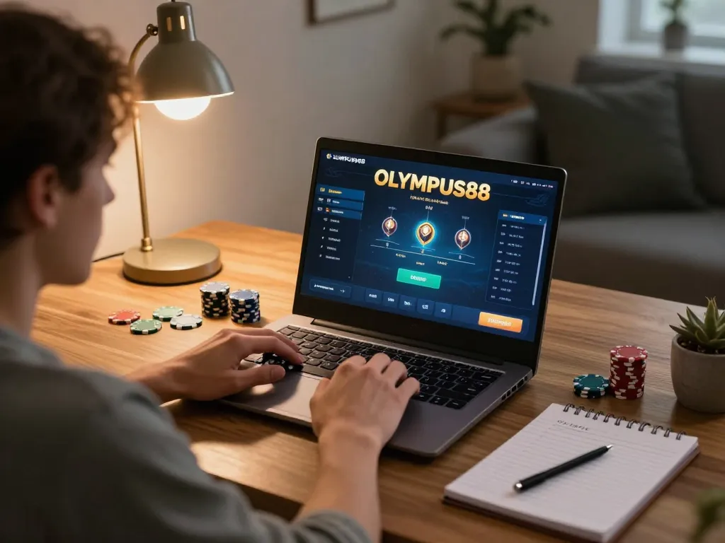 Engaging in OLYMPUS88 online gaming while strategizing with notes at a stylish home setup.