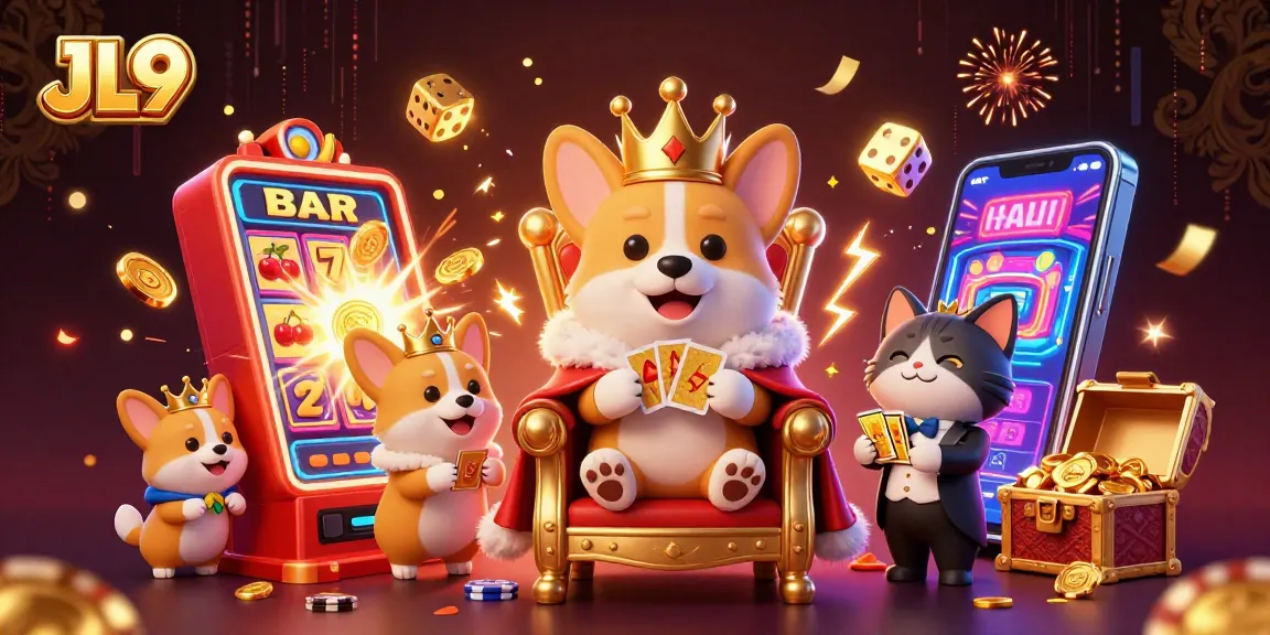 Experience the thrill at JL9 with a royal corgi in a vibrant casino scene, showcasing dynamic gaming elements.