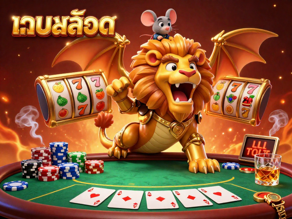 Engage with เว็บสล็อต featuring a triumphant chimera and lucky slot elements amidst a vibrant casino atmosphere.