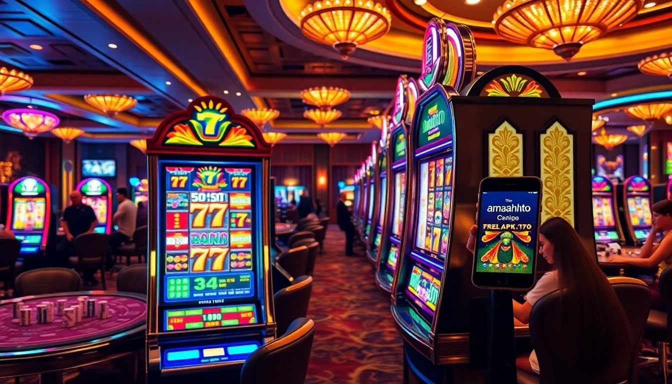 Players enjoy the amanahtoto slot machine in an upscale casino environment filled with excitement and vibrant visuals.