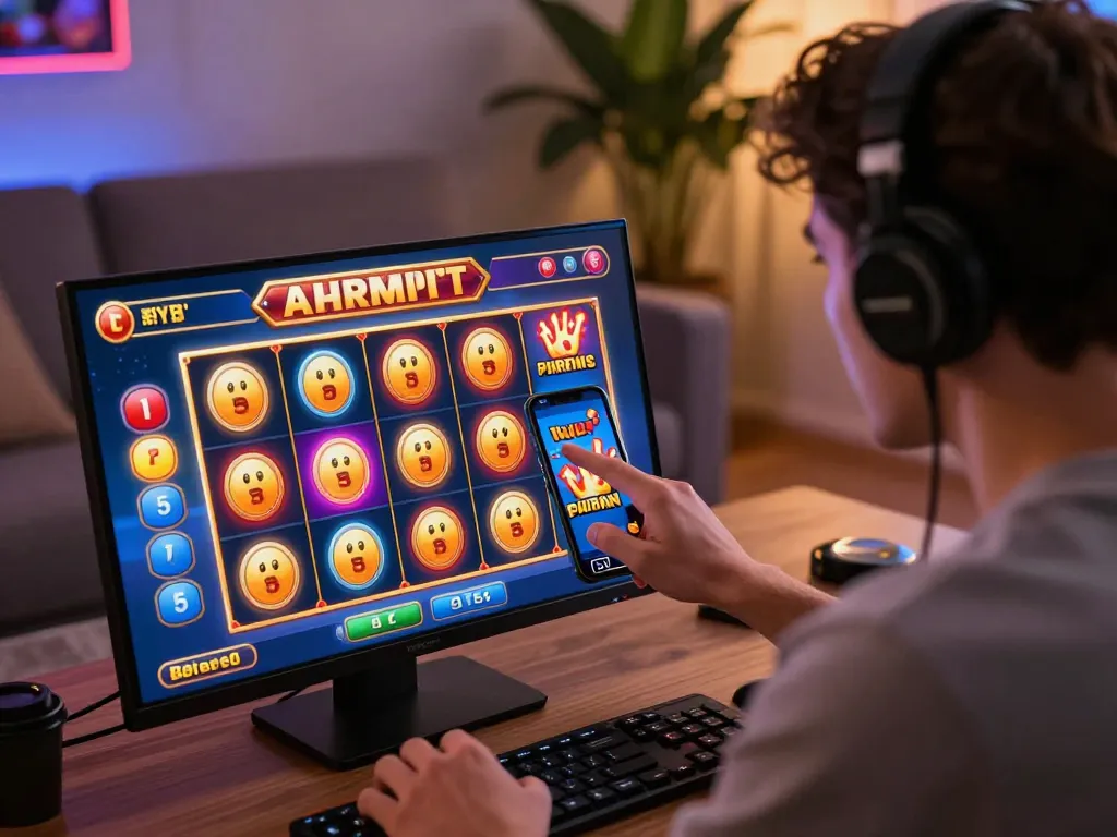 Player enjoying rr88 online casino app with winning slots, vibrant home ambiance and engaging gameplay
