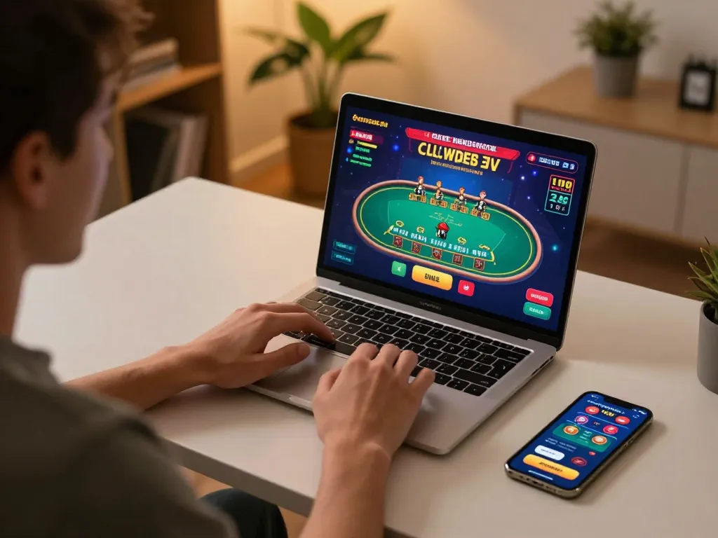 Engaged user at home using laptop for 68win online casino gaming, showcasing responsible betting.