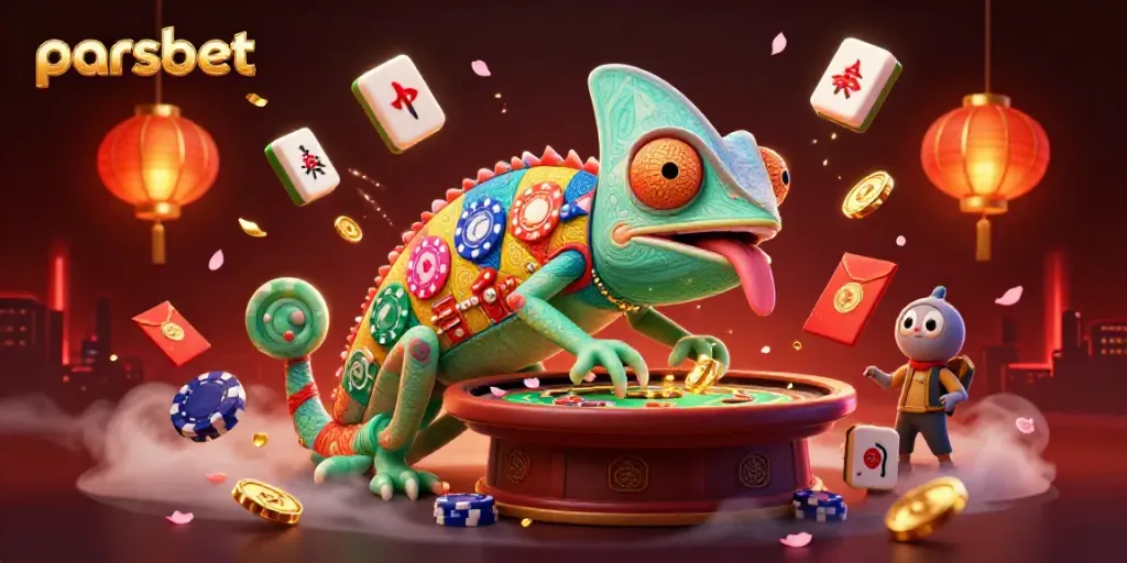 Parsbet ile ilgili 3D kumar temalı illüstrasyon, renk değiştiren kertenkele ve oyun unsurlarıyla dolu bir sahne.