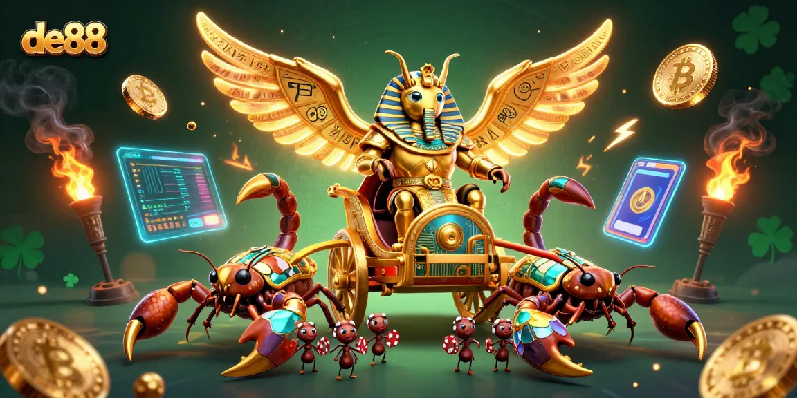 Engage with de88's dynamic casino scene featuring a colossal scarab, scorpions, and crypto elements.