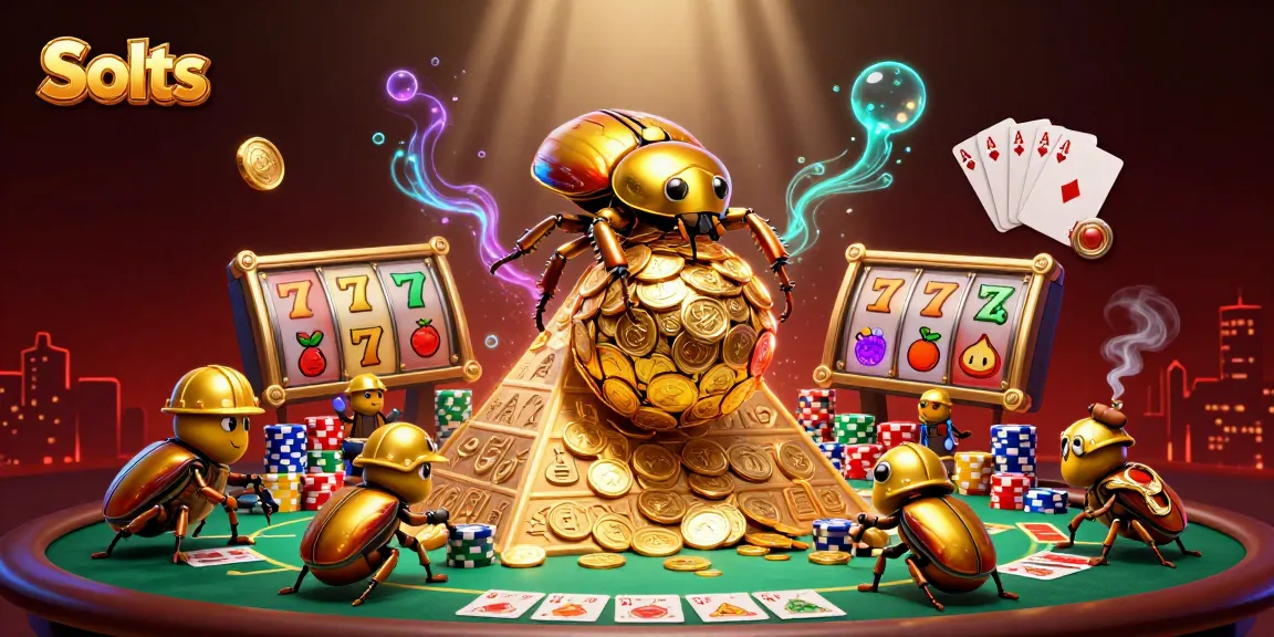 Spin to win with vibrant Slots symbols in a dynamic 3D casino scene featuring golden beetles and poker elements.