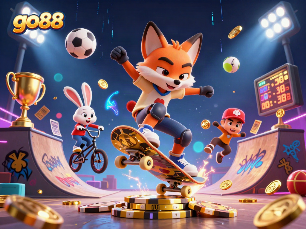 Engage in thrilling action at go88 with a 3D skateboarder fox and BMX rabbit in a vibrant casino-themed scene.