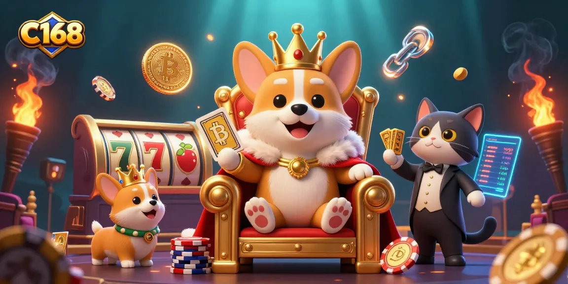 C168 engages players with slots and neon crypto elements, showcasing a royal corgi on poker chips.