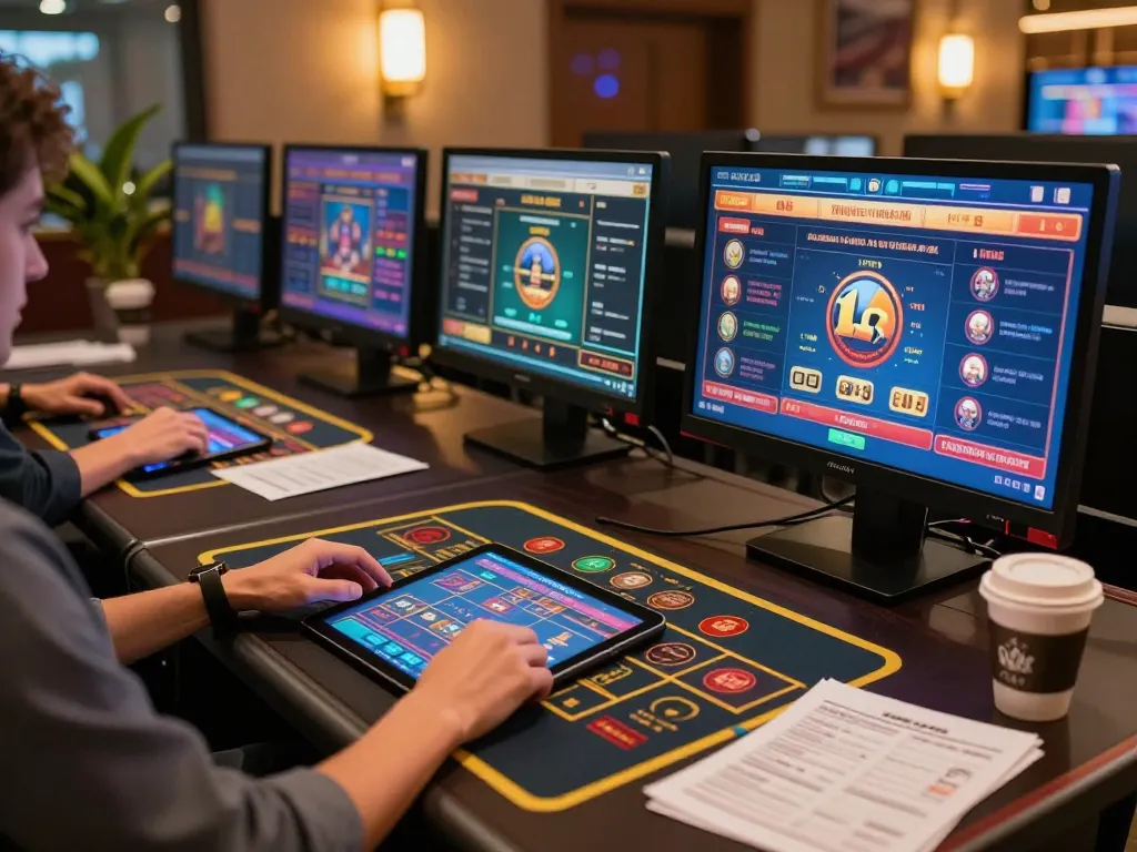 Engage in strategic online gaming with RUANGWD DAFTAR, showcasing an interactive setup with multiple screens and betting interface.