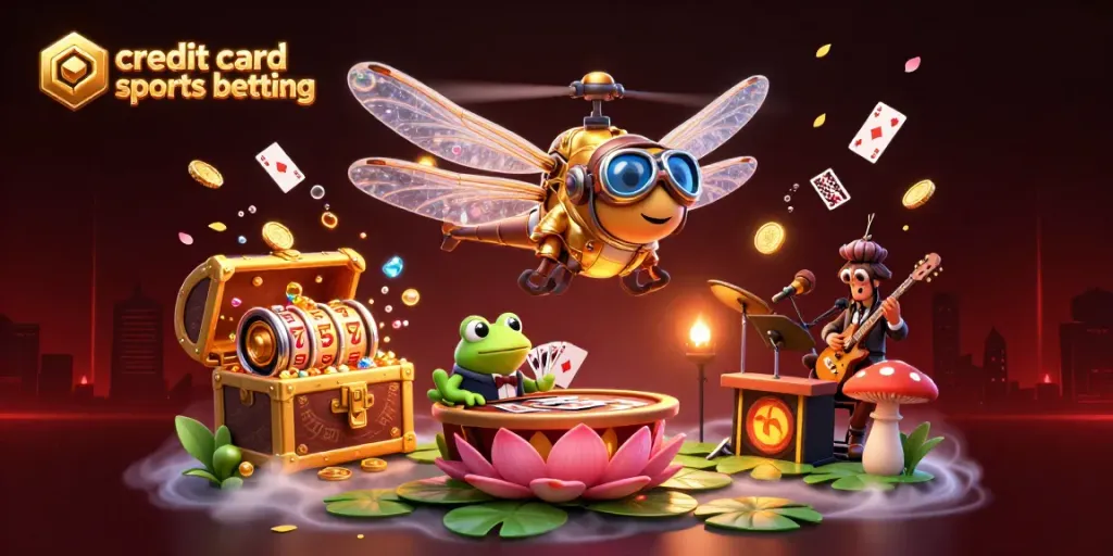 Experience thrilling credit card sports betting in a lively casino scene with unique characters.