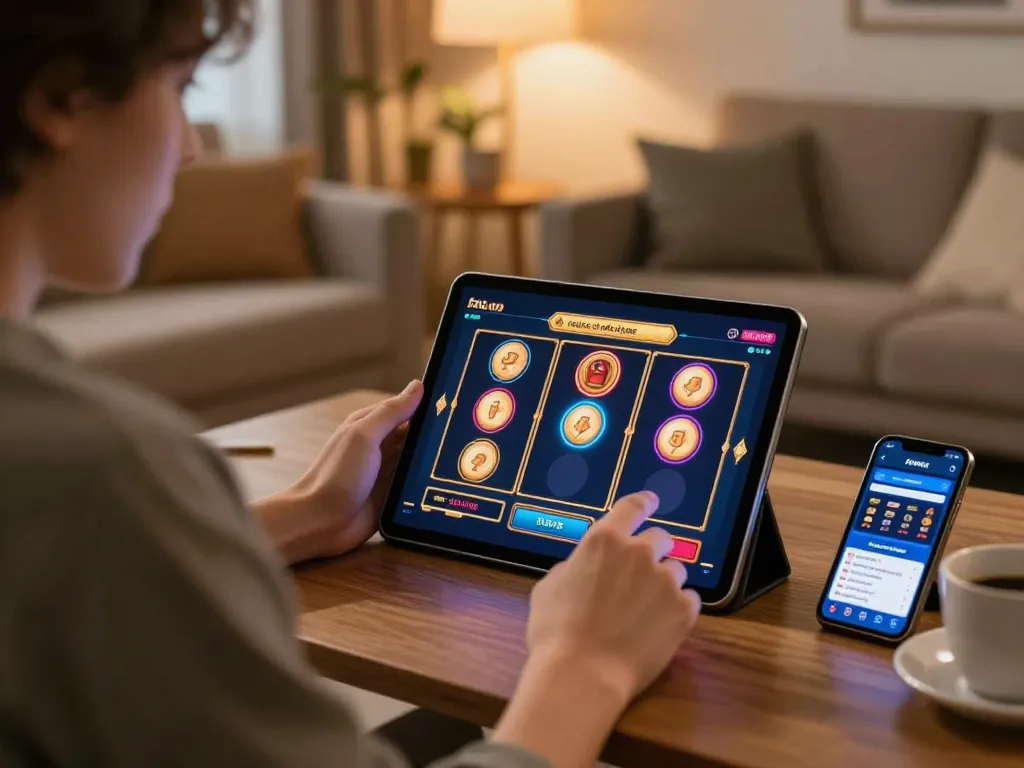Engaging in dinamit4d online slots at home, featuring tablet gameplay with cozy surroundings.