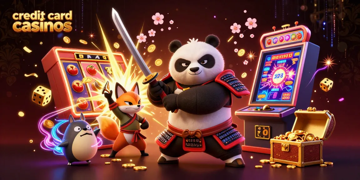 Exciting scene showcasing credit card casinos with a samurai panda, ninja fox, and slot machine bursting coins.