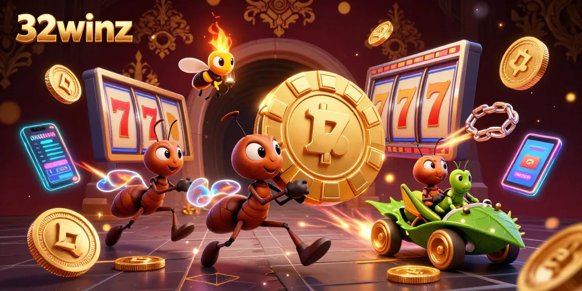 Experience thrilling slots at 32winz, where ants pull off a heist for a giant poker chip amid vibrant game elements.
