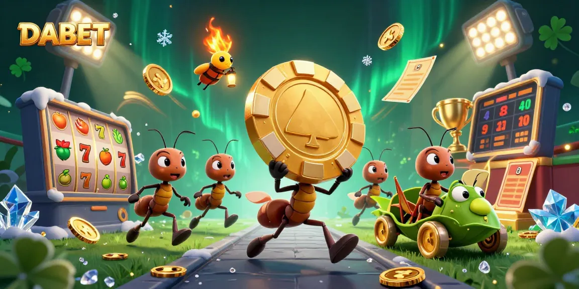 DABET showcases a 3D cartoon heist scene featuring ants with a poker chip, conveying excitement in gambling.