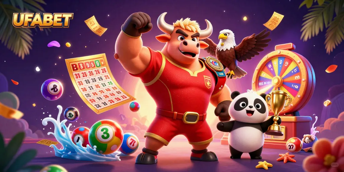 Visualize UFABET wins with a lively casino scene featuring a bull mascot, eagle, and panda in action.