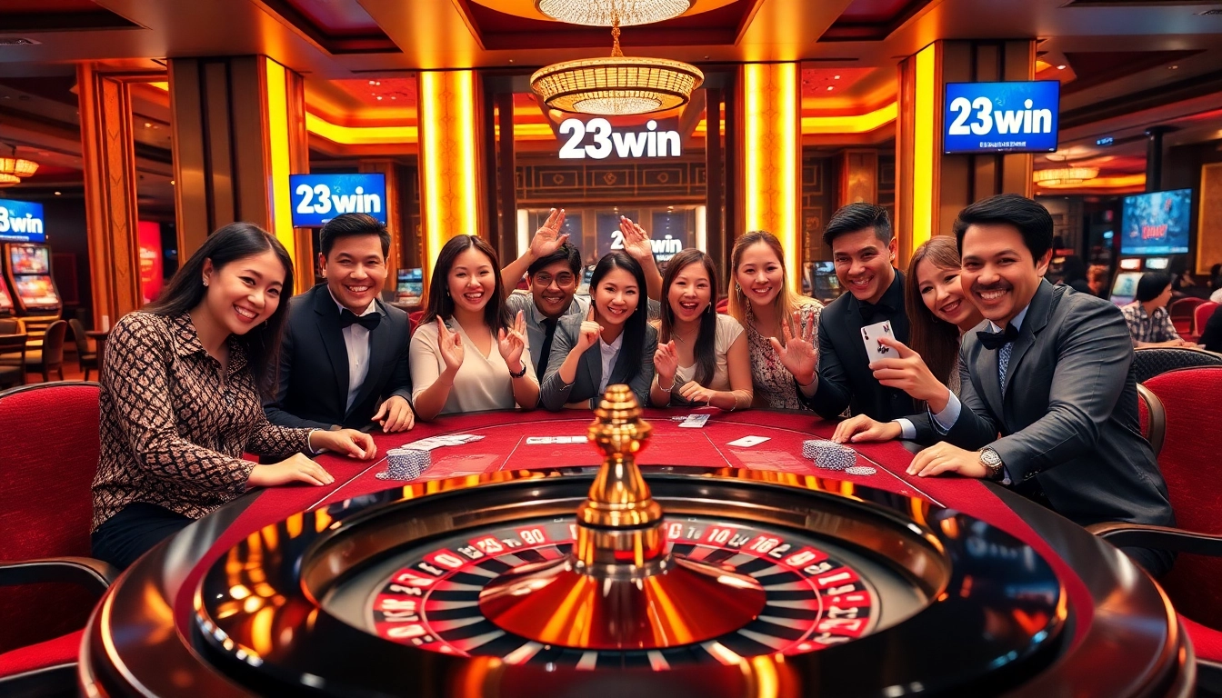 Experience thrilling gaming action at the 23win nhà cái casino, featuring lively card tables and vibrant decor.