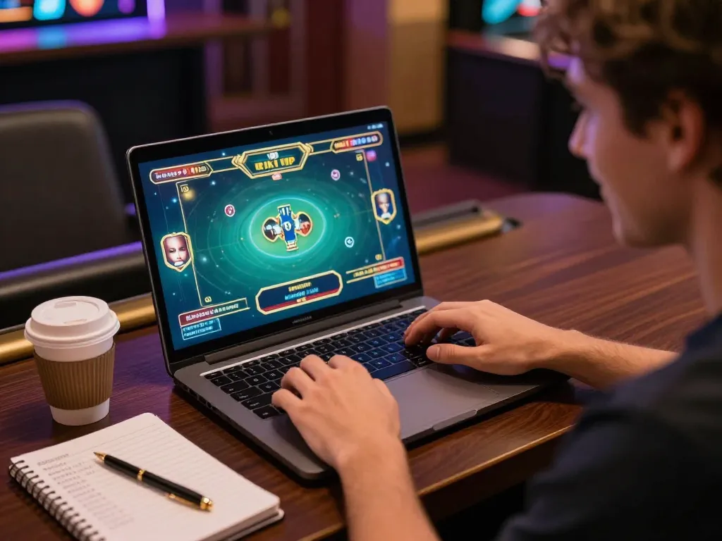Player strategizing in online gaming at rik vip, with laptop displaying exciting gameplay and betting notes nearby.