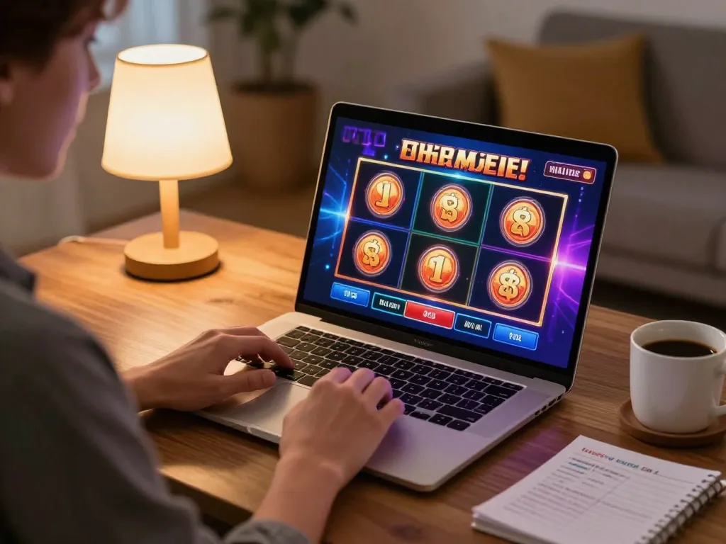 Playing slot online at home with engaging graphics and strategic notes.
