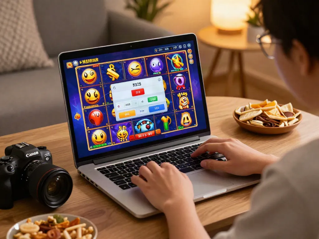 A user engaged in an immersive online gambling experience with akunjp, showcasing colorful slot game graphics.