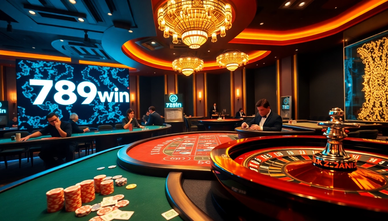 Players enjoying games at a vibrant casino table with '789win' branding.