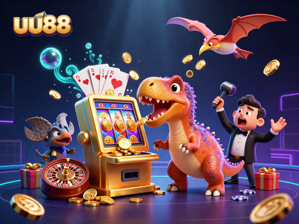 uu88 wins big as dinosaur hits jackpot, colorful slot machine coins fly in vibrant casino