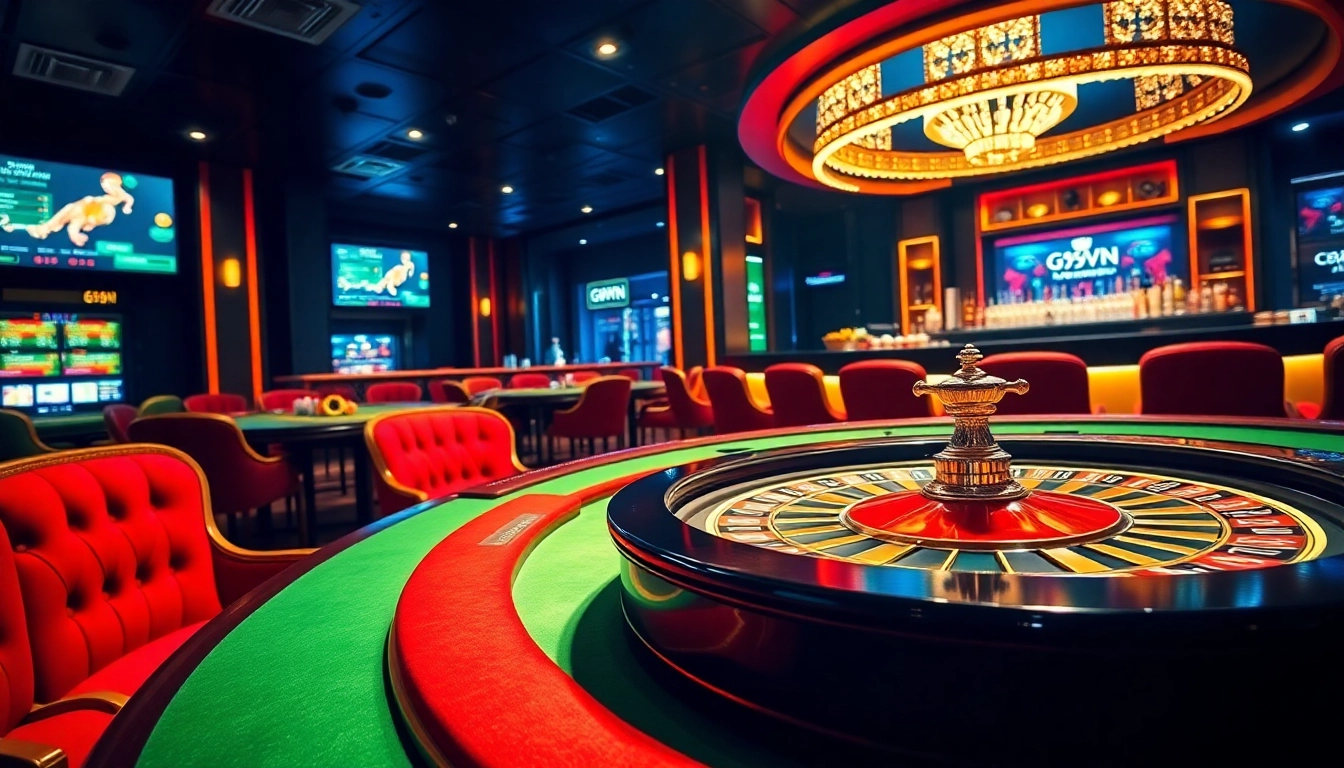 Experience luxurious gaming with 69VN's vibrant casino atmosphere featuring roulette and poker.