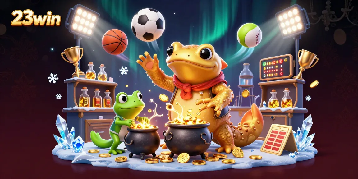 Experience the thrill of 23win with dynamic sports betting elements and golden treasures in a vibrant scene.