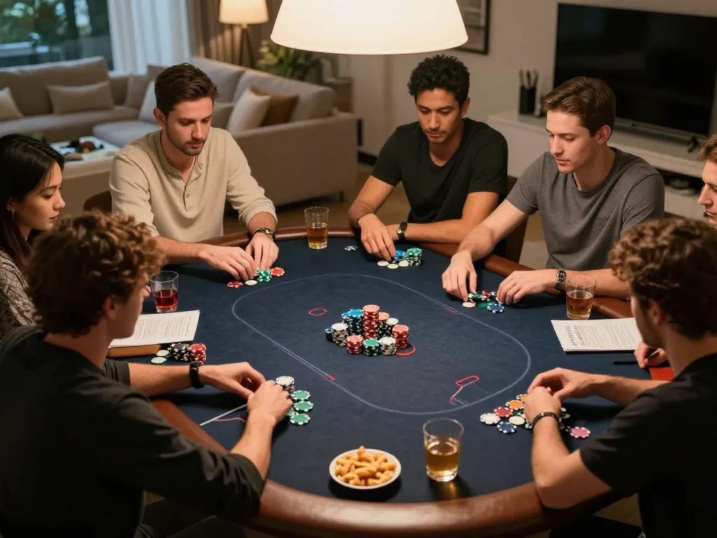Players enjoying a high-stakes poker game at home while discussing strategies, rr88