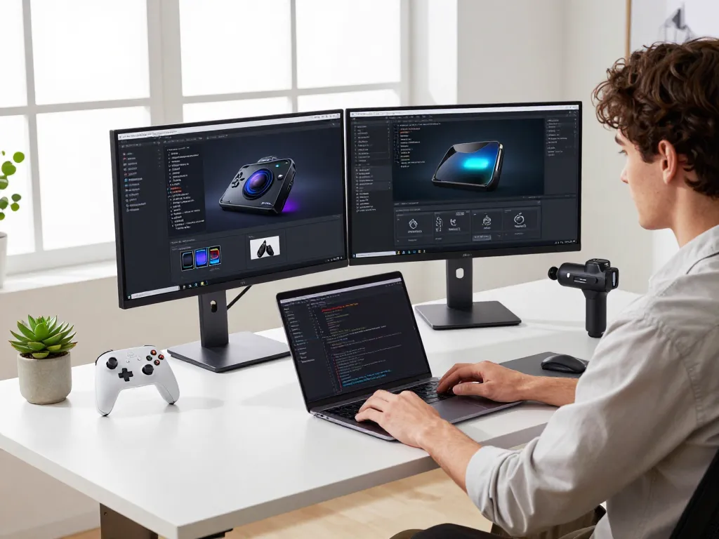 Workspace with must have tech gadgets including Bluetooth devices, coding setup, and natural lighting.