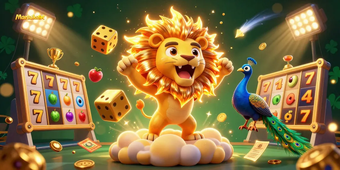 Play to win big with Maniakslot featuring a triumphant lion, golden dice, and thrilling casino elements.