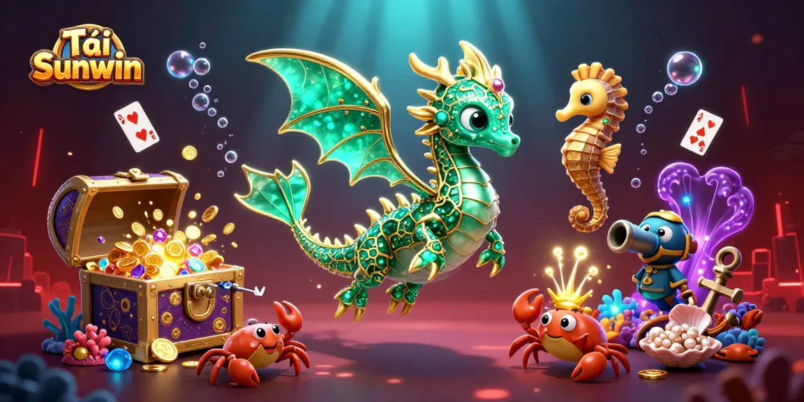 Tải Sunwin in a 3D illustration featuring a magical sea dragon and treasure chest, highlighting the excitement of online gaming
