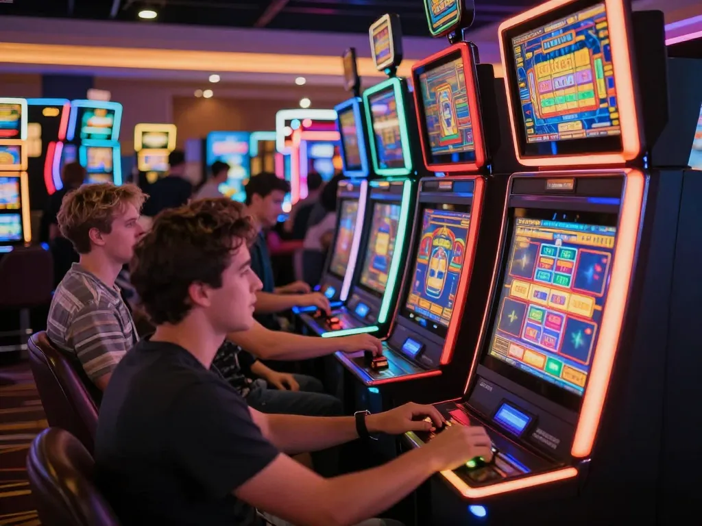 Players enjoying vibrant slot machines at a bustling casino, capturing excitement and engagement.