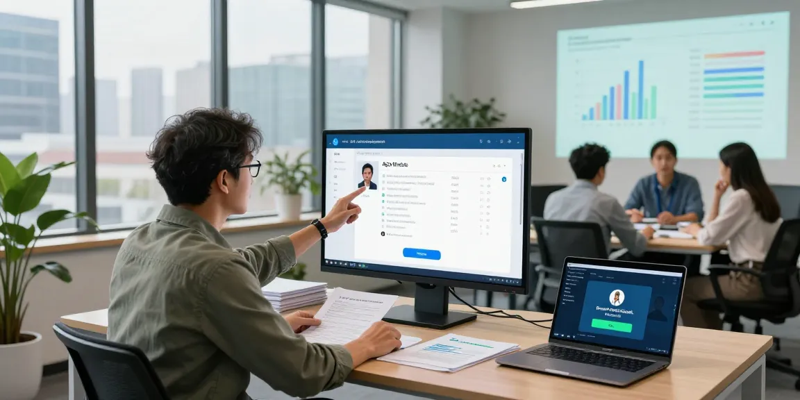 Demonstration of an age verification system in a modern office with a developer and compliance documents.