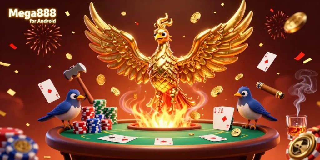 Experience the thrilling Mega888 for Android with molten metal phoenix and vibrant poker elements.