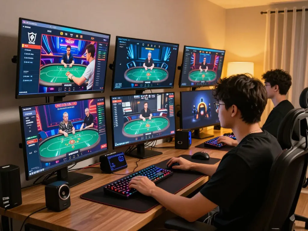 Engaged player strategizing online betting on dagago with vibrant screens and advanced gaming tools.