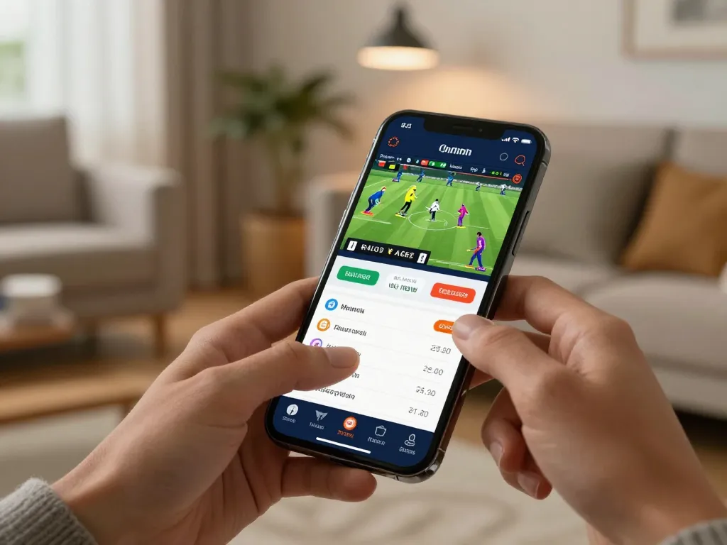 Engaging with Jeetbuzz sports app for real-time cricket betting in a cozy home setting.