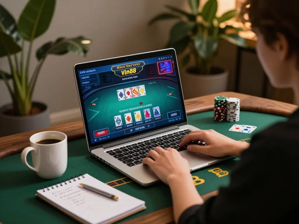 Engaged player enjoying online blackjack on Vin88 with strategic notes at hand