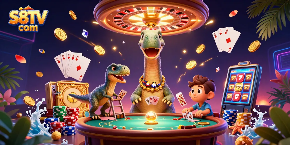 S8TV com showcases an epic gambling scene with a giant brontosaurus in a vibrant casino setting.