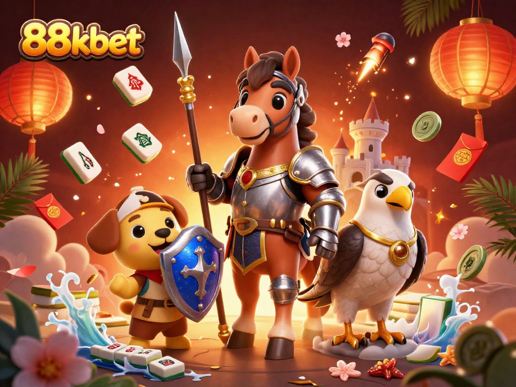 Experience the excitement of 88kbet in this vibrant casino scene featuring a knight, squire, and falcon.