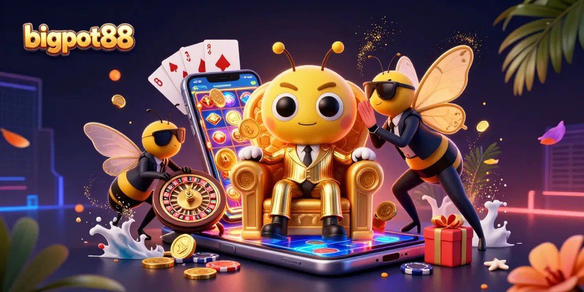 Engage with bigpot88's thrilling casino scene featuring a bumblebee mob boss and vibrant slot games.